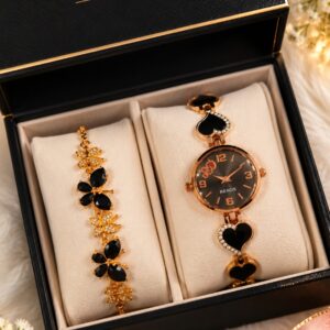 Renos Royal Bloom Luxury Watch & Bracelet Set(Black Gold)