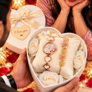 Women's Watch & Bracelet Gift Set(White & Rose Gold)