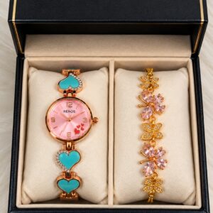 Renos Royal Bloom Luxury Watch & Bracelet Set(Aqua)